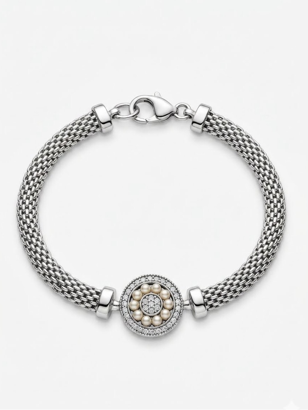 Italian 925 Sterling Silver Bridal Mesh Bracelet Pave Crystal Pearl Medallion